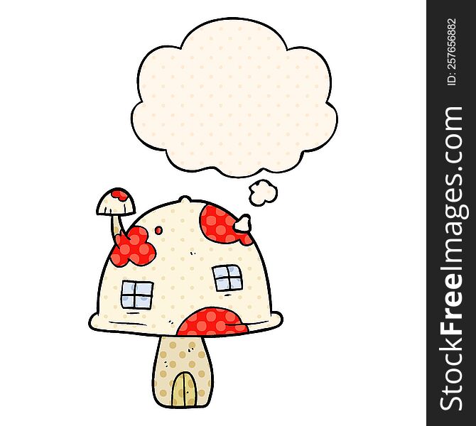 cartoon mushroom house with thought bubble in comic book style