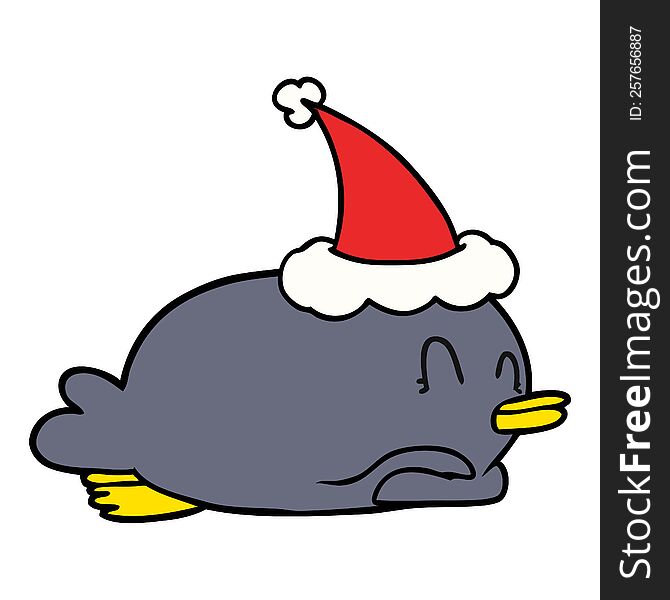 Penguin Lying On Belly Wearing Santa Hat