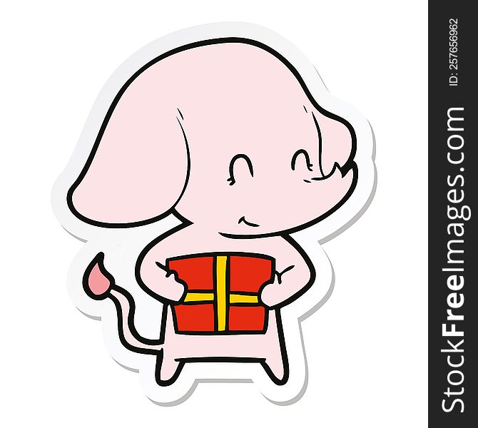 Sticker Of A Cute Cartoon Elephant With Present