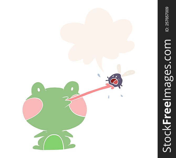 cute cartoon frog catching fly with tongue with speech bubble in retro style. cute cartoon frog catching fly with tongue with speech bubble in retro style