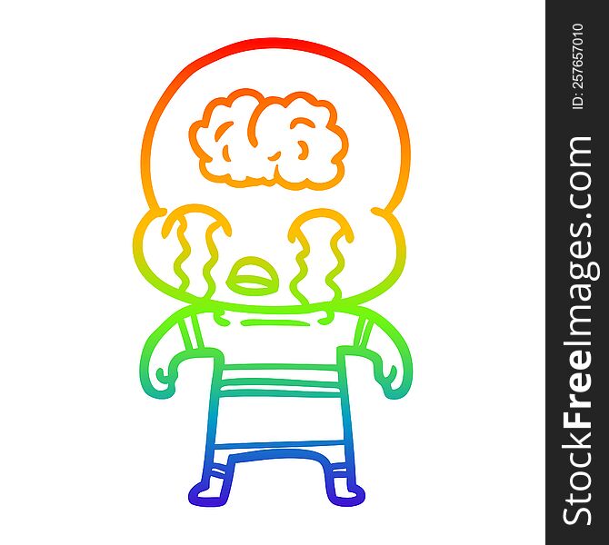 rainbow gradient line drawing of a cartoon big brain alien crying