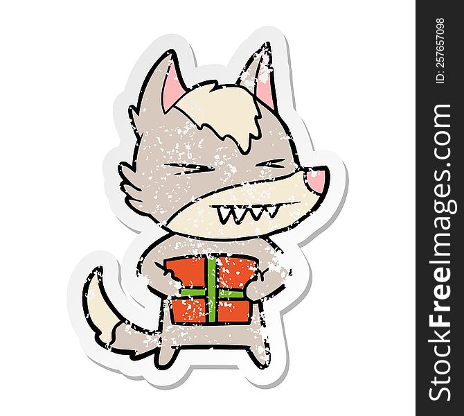 Distressed Sticker Of A Angry Christmas Wolf Cartoon