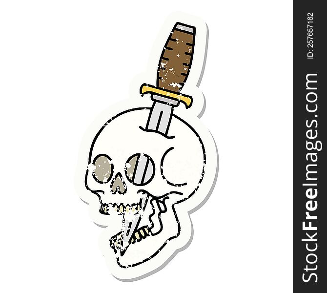 Traditional Distressed Sticker Tattoo Of A Skull And Dagger