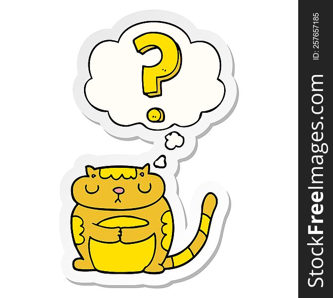 cartoon cat with question mark with thought bubble as a printed sticker