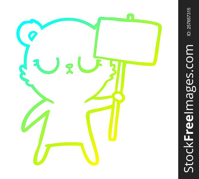 cold gradient line drawing of a peaceful cartoon bear cub with protest sign