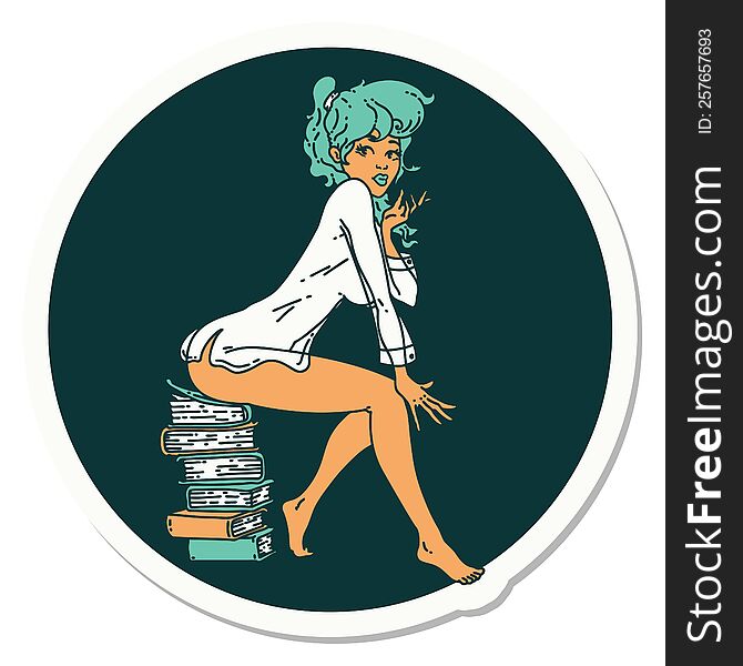 tattoo style sticker of a pinup girl sitting on books