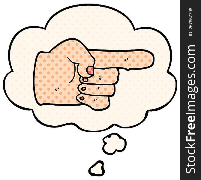 cartoon pointing hand with thought bubble in comic book style
