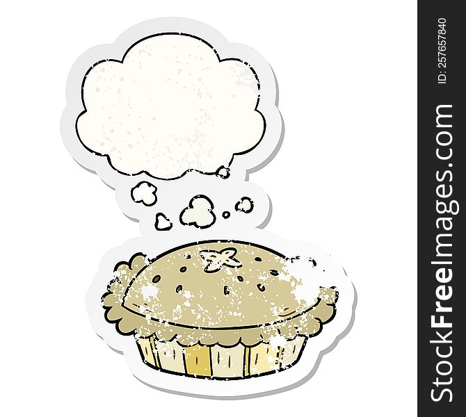cartoon pie with thought bubble as a distressed worn sticker