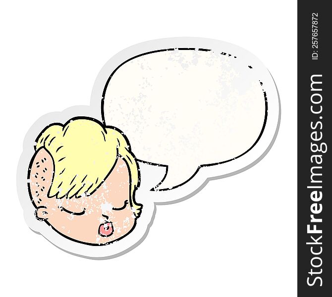 cartoon female face with speech bubble distressed distressed old sticker. cartoon female face with speech bubble distressed distressed old sticker