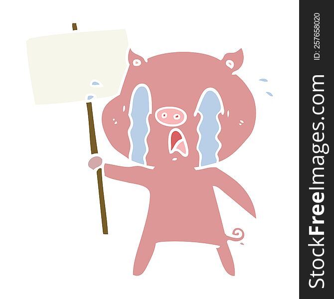 Crying Pig Flat Color Style Cartoon With Protest Sign
