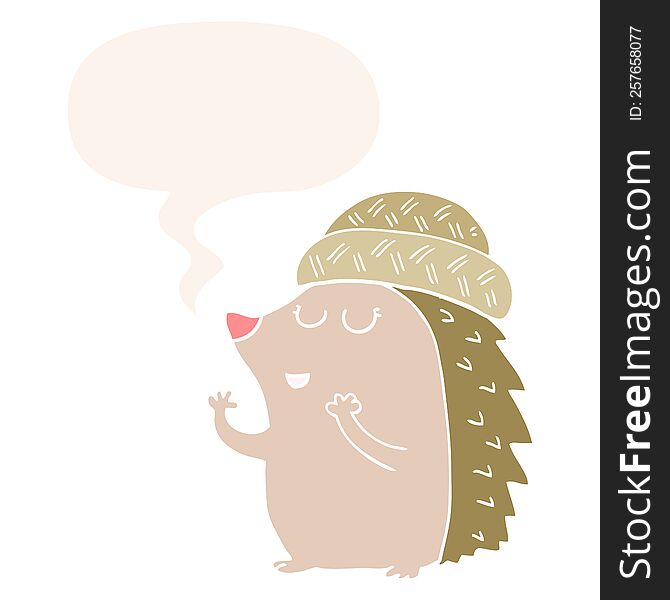 cartoon hedgehog wearing hat with speech bubble in retro style