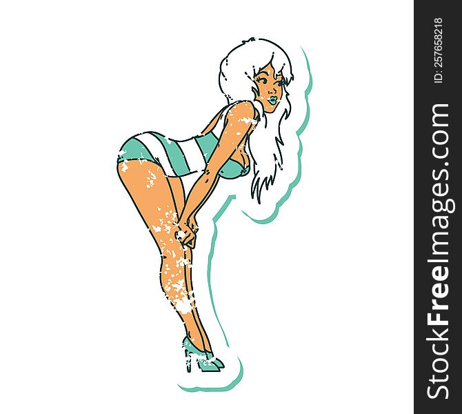 Distressed Sticker Tattoo Style Icon  Of A Pinup Girl In Swimming Costume