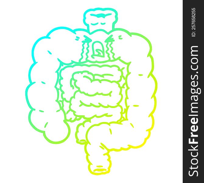 cold gradient line drawing of a cartoon intestines crying