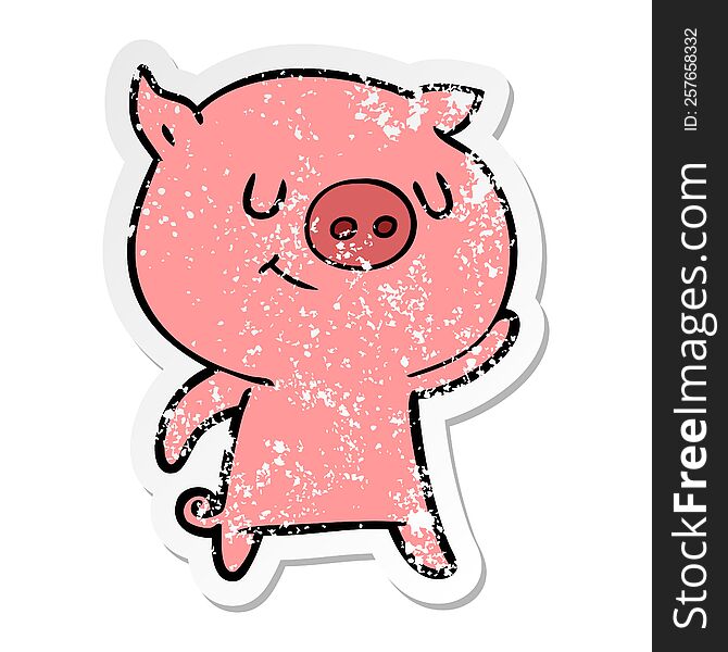 distressed sticker of a happy cartoon pig