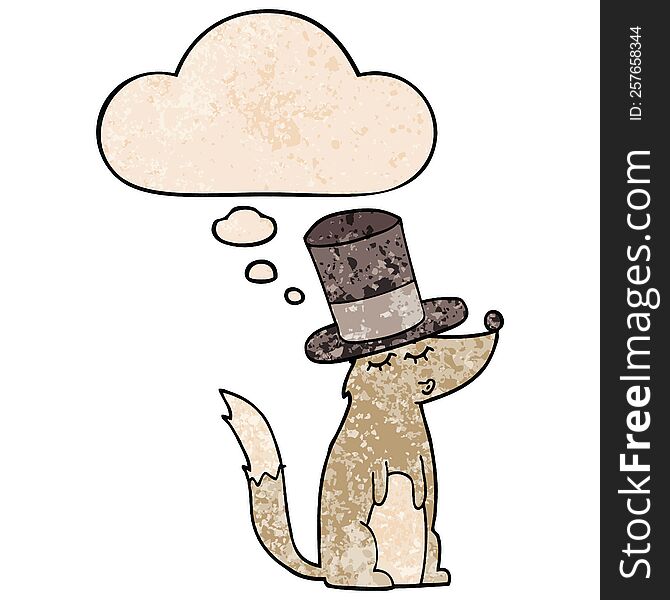 cartoon wolf whistling wearing top hat with thought bubble in grunge texture style. cartoon wolf whistling wearing top hat with thought bubble in grunge texture style