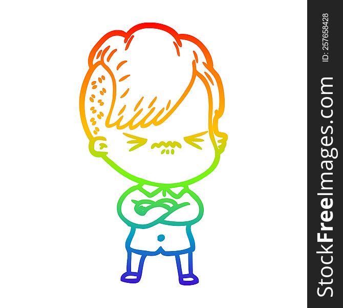 rainbow gradient line drawing of a cartoon annoyed hipster girl