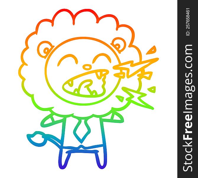 Rainbow Gradient Line Drawing Cartoon Roaring Lion Businessman