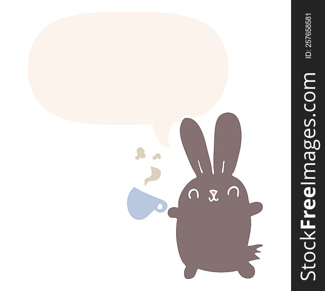 Cute Cartoon Rabbit And Coffee Cup And Speech Bubble In Retro Style