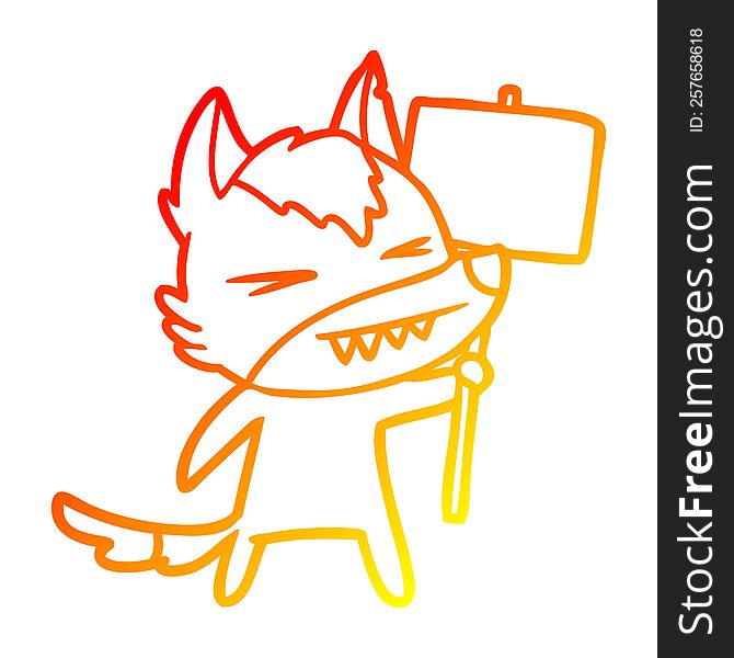 Warm Gradient Line Drawing Angry Wolf Cartoon With Placard