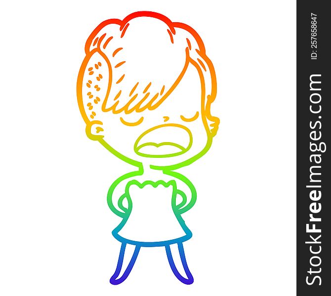rainbow gradient line drawing of a cartoon cool hipster girl talking