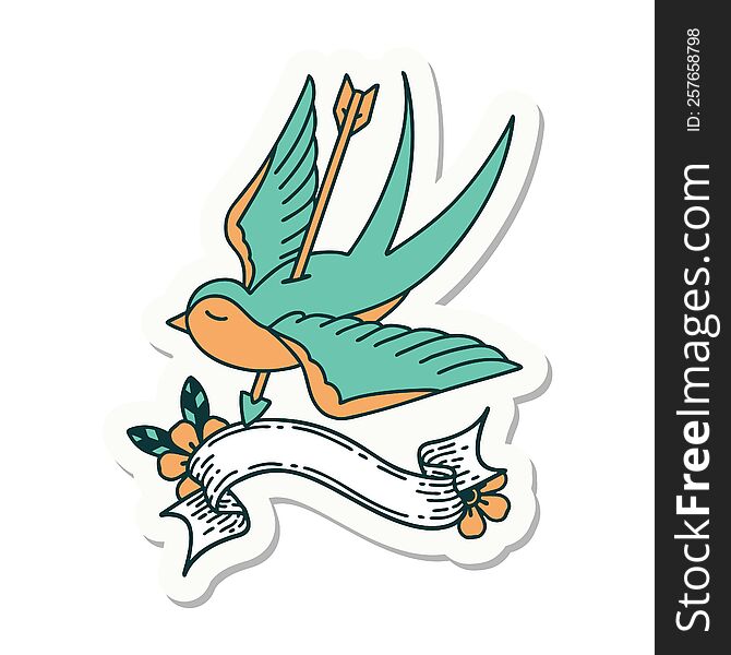 tattoo style sticker with banner of a swallow shot through with arrow