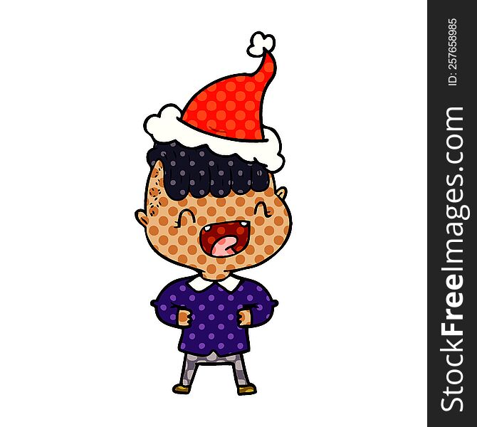 Comic Book Style Illustration Of A Happy Boy Laughing Wearing Santa Hat