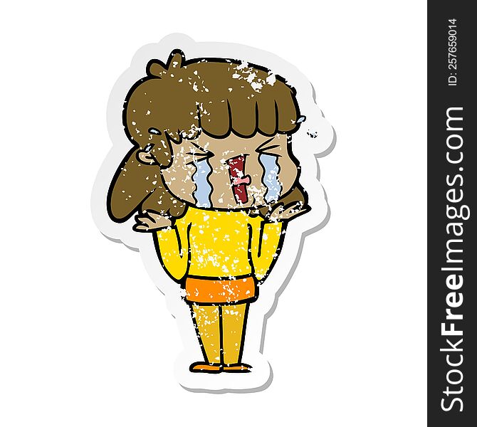 distressed sticker of a cartoon woman in tears