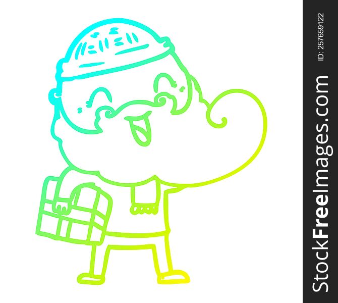 cold gradient line drawing of a happy bearded man holding christmas present