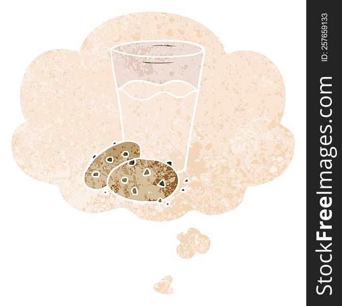 cartoon cookies and milk with thought bubble in grunge distressed retro textured style. cartoon cookies and milk with thought bubble in grunge distressed retro textured style