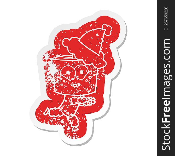 Happy Cartoon Distressed Sticker Of A Robot Wearing Santa Hat