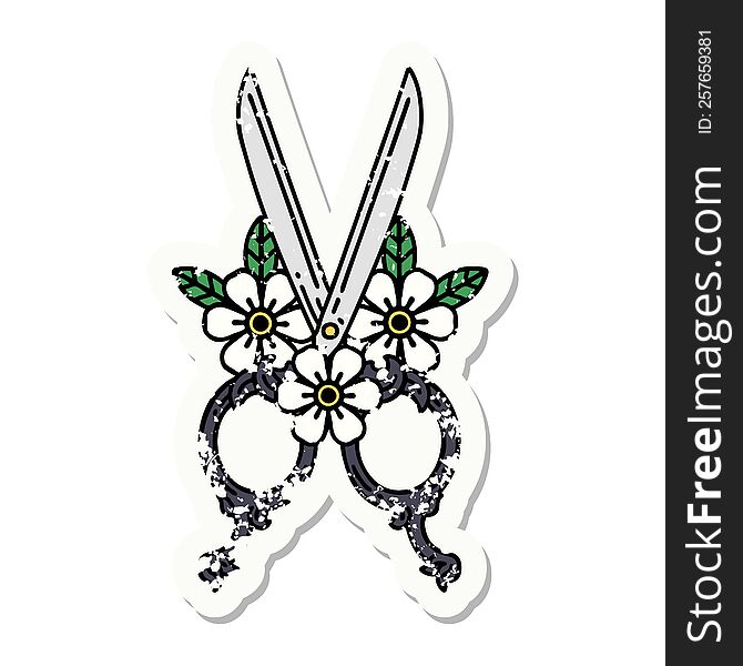 distressed sticker tattoo in traditional style of barber scissors and flowers. distressed sticker tattoo in traditional style of barber scissors and flowers