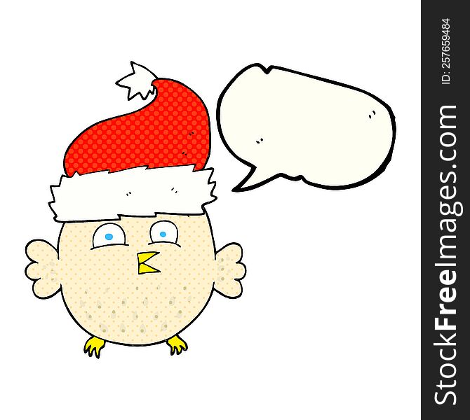 Comic Book Speech Bubble Cartoon Owl Wearing Christmas Hat