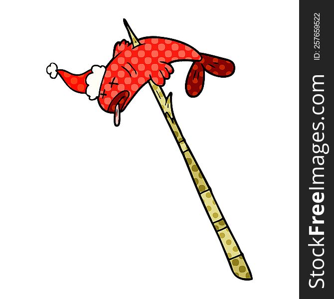 Comic Book Style Illustration Of A Fish Speared Wearing Santa Hat