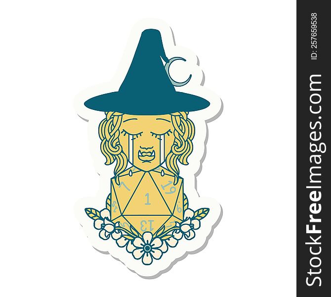 sticker of a crying half orc witch with natural one D20 dice roll. sticker of a crying half orc witch with natural one D20 dice roll