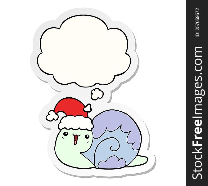 cute cartoon christmas snail with thought bubble as a printed sticker