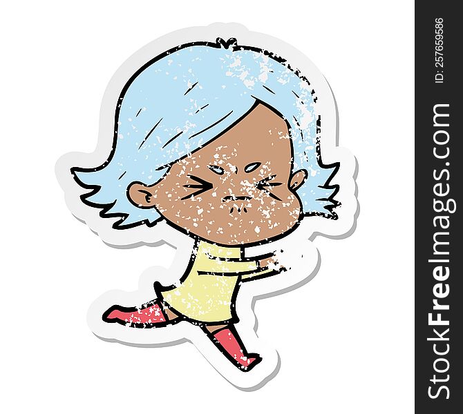 Distressed Sticker Of A Cartoon Angry Girl