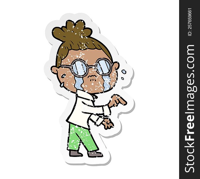 distressed sticker of a cartoon crying woman wearing spectacles