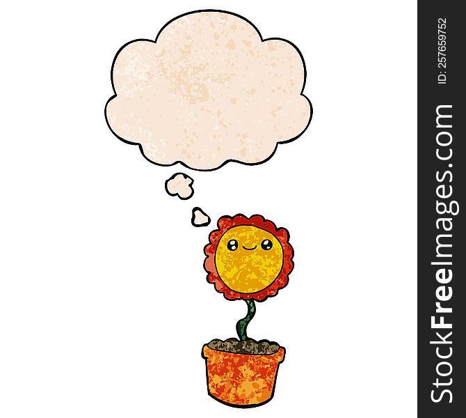 cartoon flower with thought bubble in grunge texture style. cartoon flower with thought bubble in grunge texture style