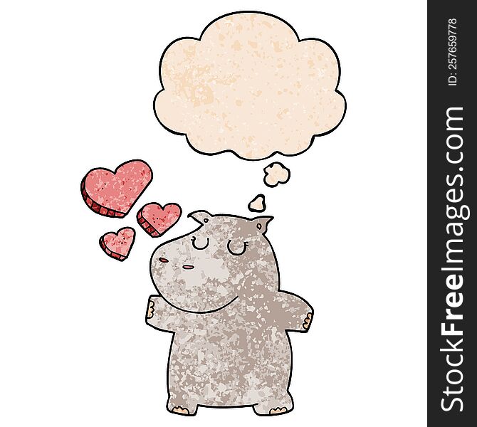 Cartoon Hippo In Love And Thought Bubble In Grunge Texture Pattern Style