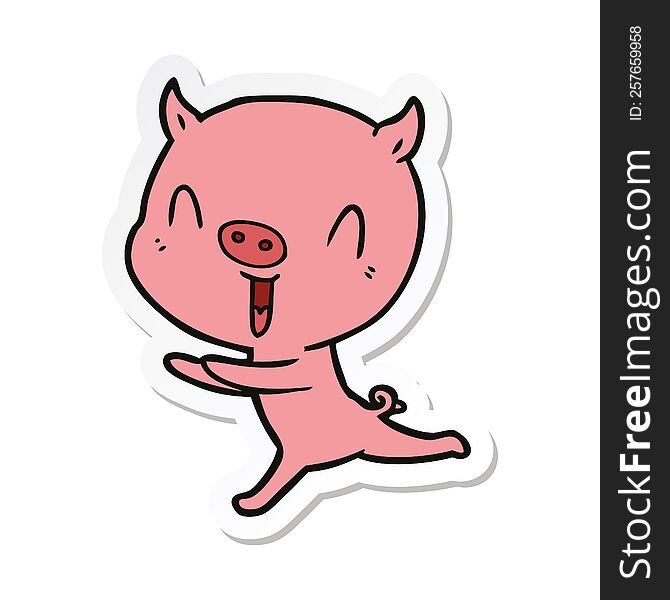 Sticker Of A Happy Cartoon Pig Running