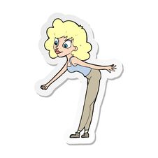 Sticker Of A Cartoon Woman Reaching To Pick Something Up Stock Photo