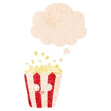 Cartoon Popcorn And Thought Bubble In Retro Textured Style Stock Image