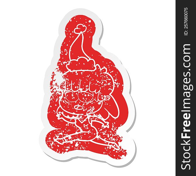 quirky cartoon distressed sticker of a tired woman wearing santa hat