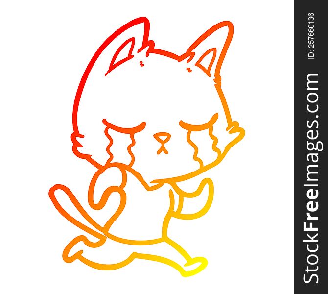 warm gradient line drawing of a crying cartoon cat running away