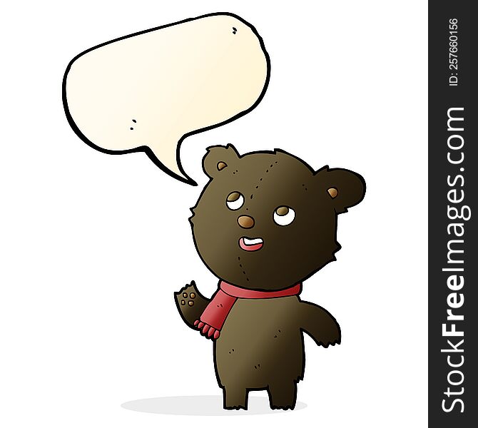 cartoon black bear wearing scarf with speech bubble