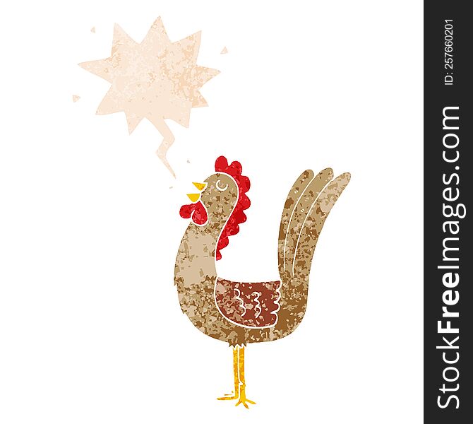 Cartoon Rooster And Speech Bubble In Retro Textured Style