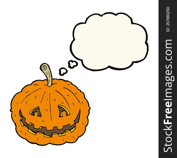 cartoon grinning pumpkin with thought bubble