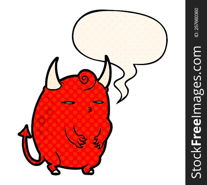 cartoon fat little halloween devil with speech bubble in comic book style