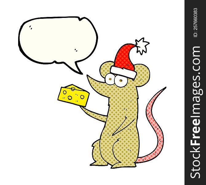 freehand drawn comic book speech bubble cartoon christmas mouse with cheese
