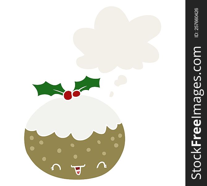 Cute Cartoon Christmas Pudding And Thought Bubble In Retro Style